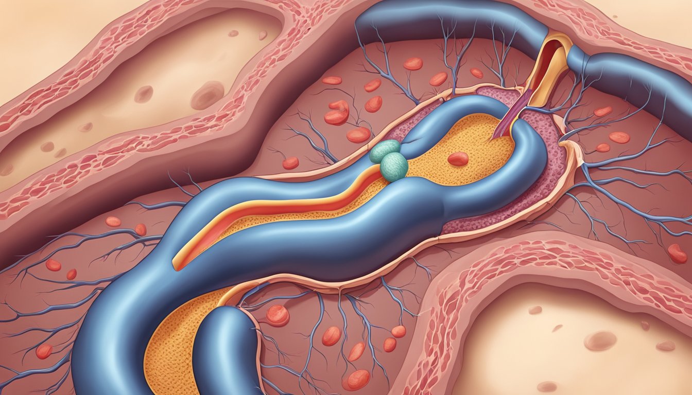 A narrow, clogged artery with plaque buildup, restricting blood flow. Surrounding tissue shows signs of inflammation and damage