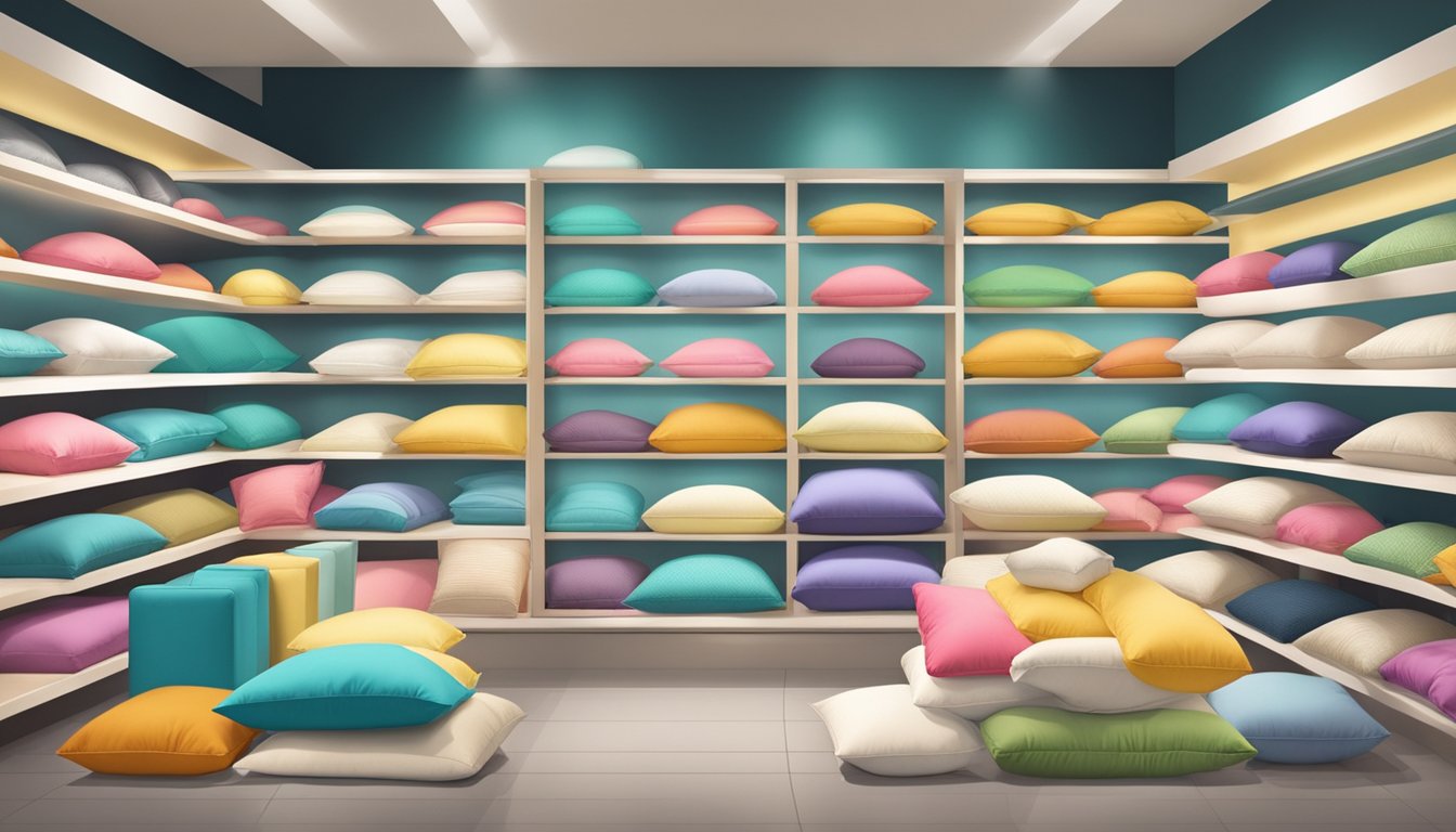Various pillows in a Singapore store: memory foam, down, and latex. Brightly lit shelves display different sizes and colors