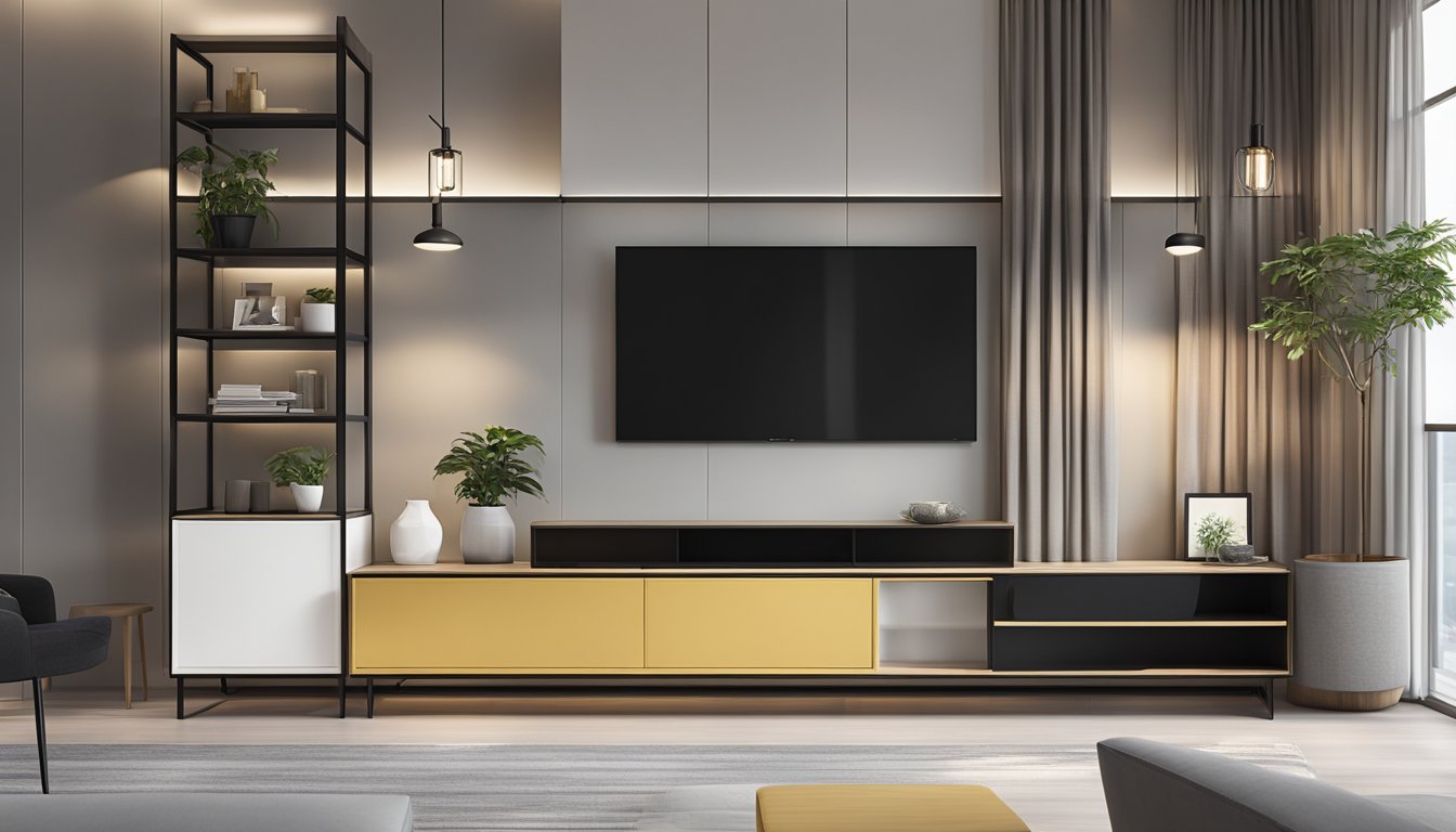 A sleek TV cabinet in a modern Singapore living room, with clean lines, minimalist design, and a glossy finish