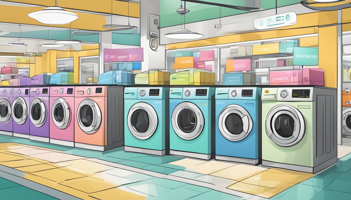 A colorful display of washer dryers with "Special Offers and Savings" signs in a modern Singaporean appliance store