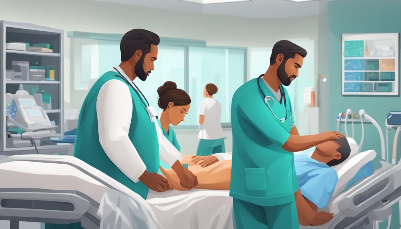 Medical team rushes into hospital room, equipment ready for treatment. Patient lies on bed, clutching chest in pain. Doctors and nurses work quickly to diagnose and begin initial management of heart attack