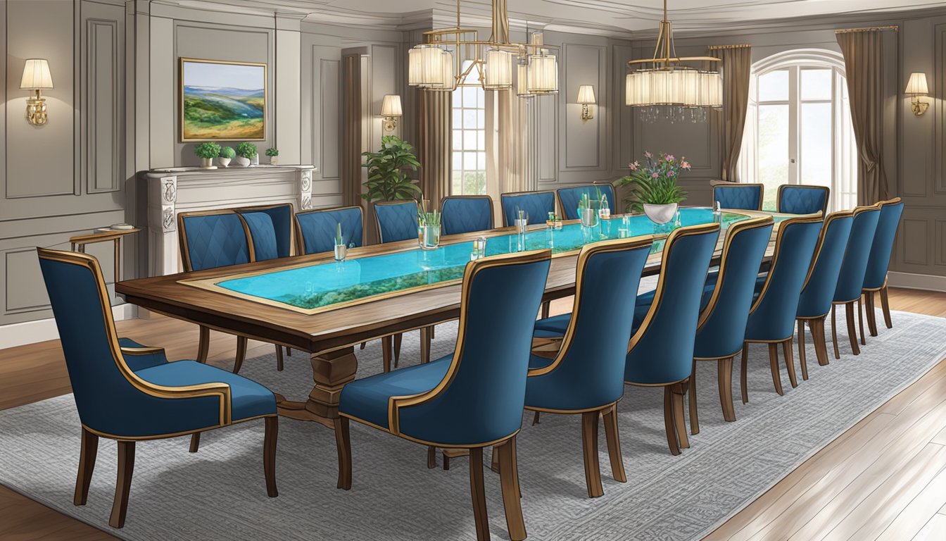 A 10-seater dining table, 8 feet long and 3 feet wide, surrounded by 10 chairs, each 18 inches wide and 18 inches deep