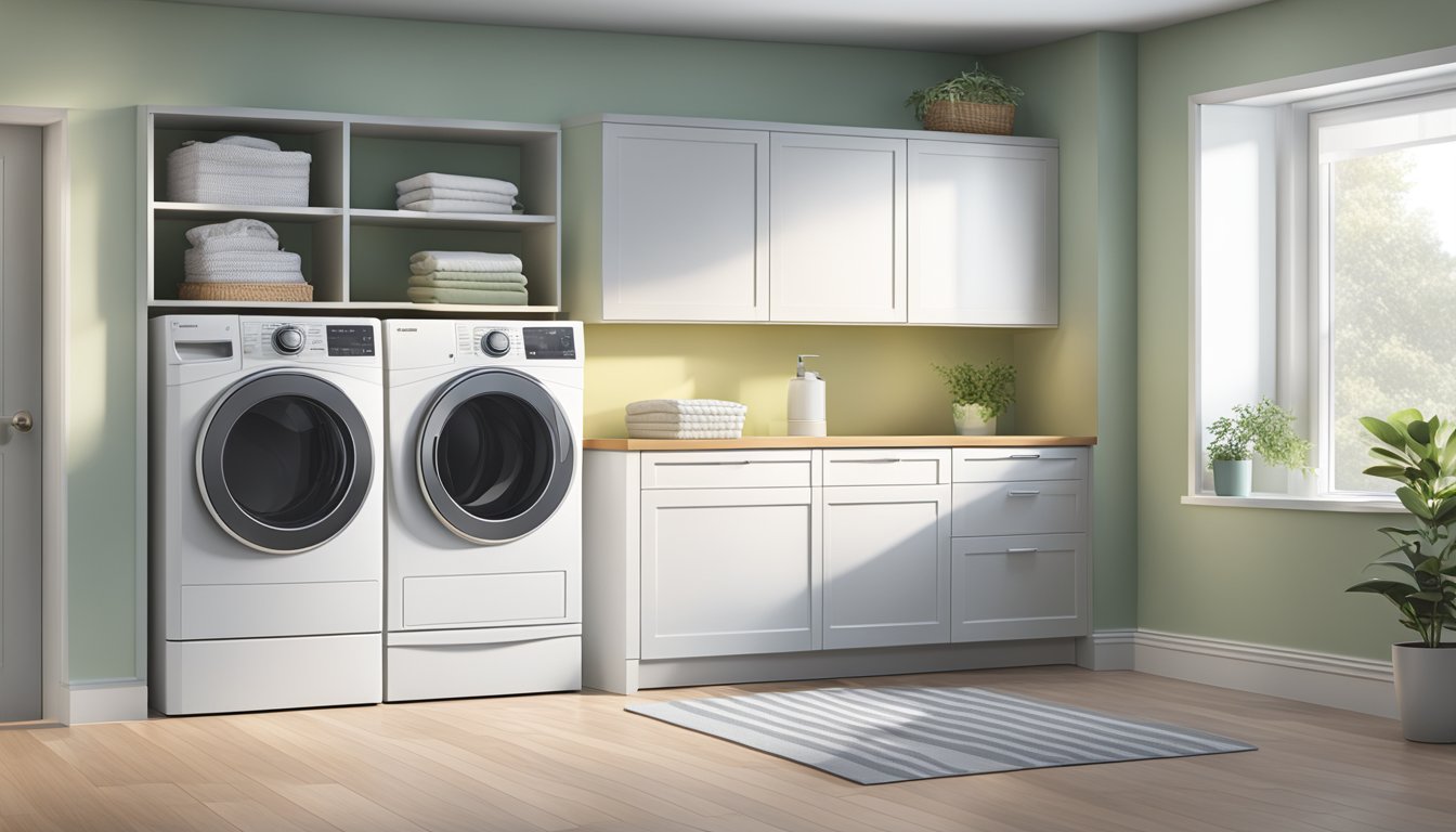 A modern laundry room with a sleek washer and dryer set against a clean, minimalist backdrop