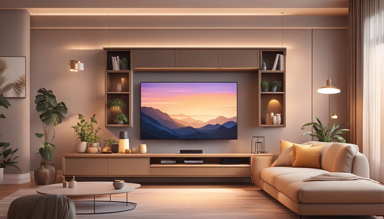 A cozy living room with a sleek, modern TV cabinet against a backdrop of warm, neutral-colored walls and soft, ambient lighting