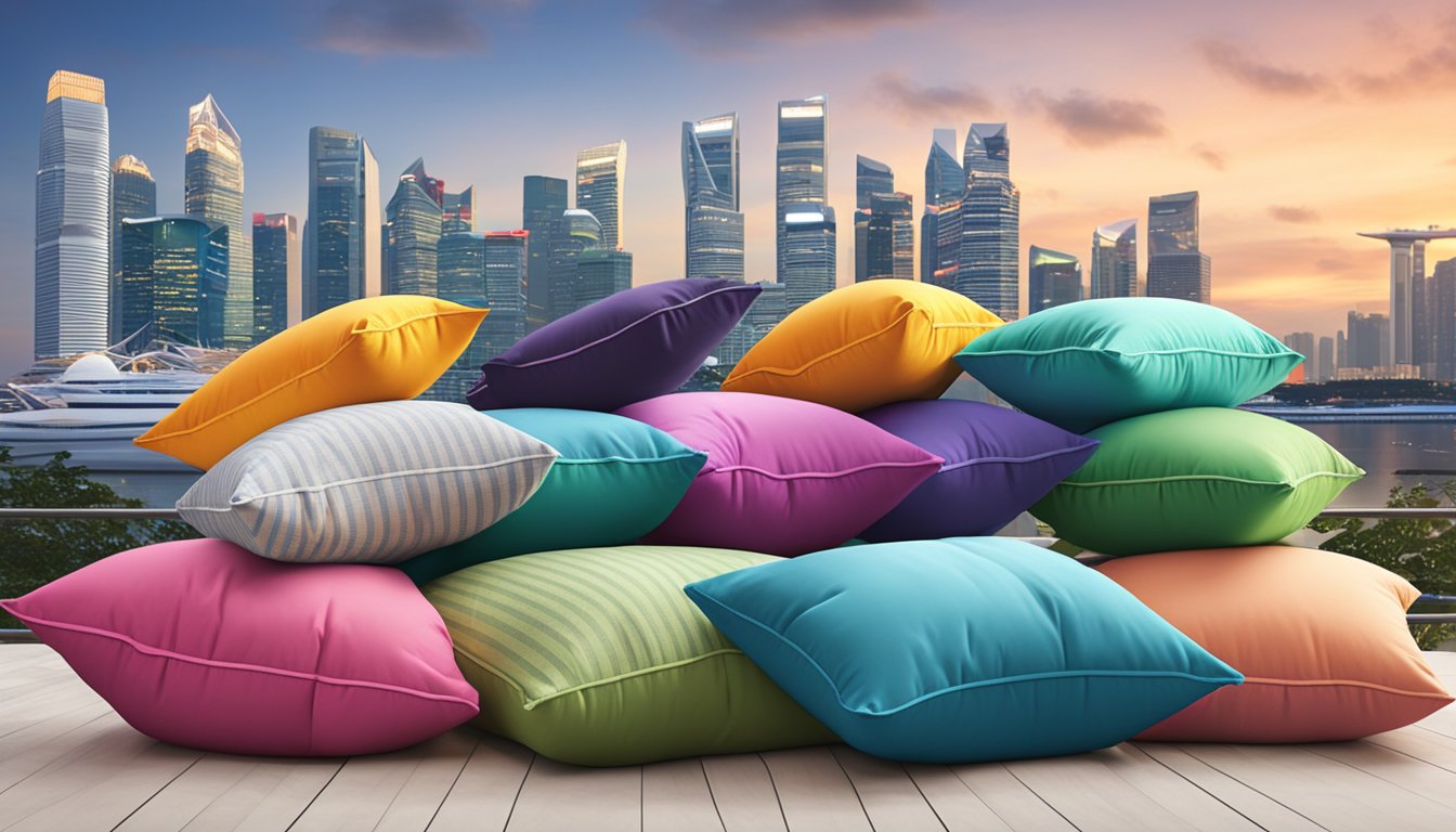 A stack of colorful pillows with "Frequently Asked Questions" printed on them, set against the backdrop of the Singapore skyline