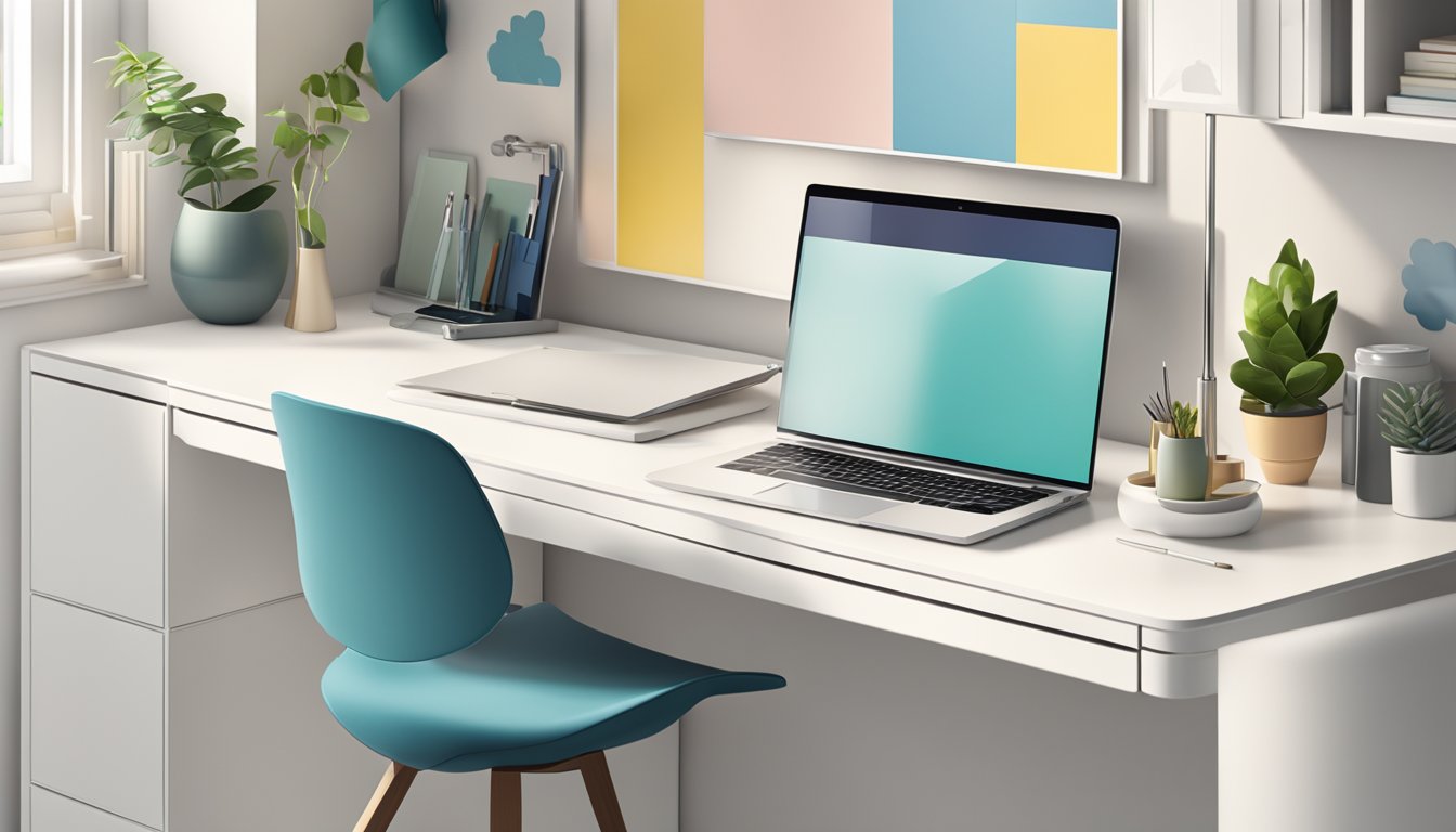 An open laptop displaying the FAQ page on the Ikea website, with a stylish dressing table and mirror in the background