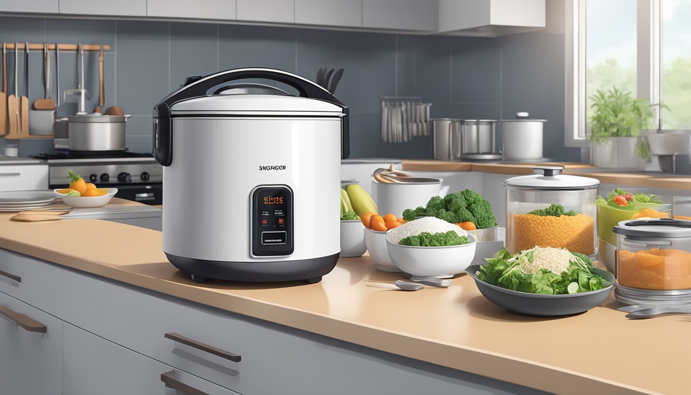 A modern rice cooker sits on a sleek kitchen countertop in a contemporary Singaporean home, surrounded by neatly organized cooking utensils and a stack of fresh ingredients