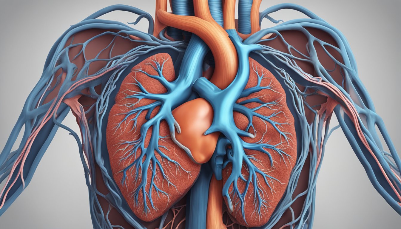 A heart with narrowed arteries, causing chest pain and shortness of breath. Plaque buildup visible in blood vessels