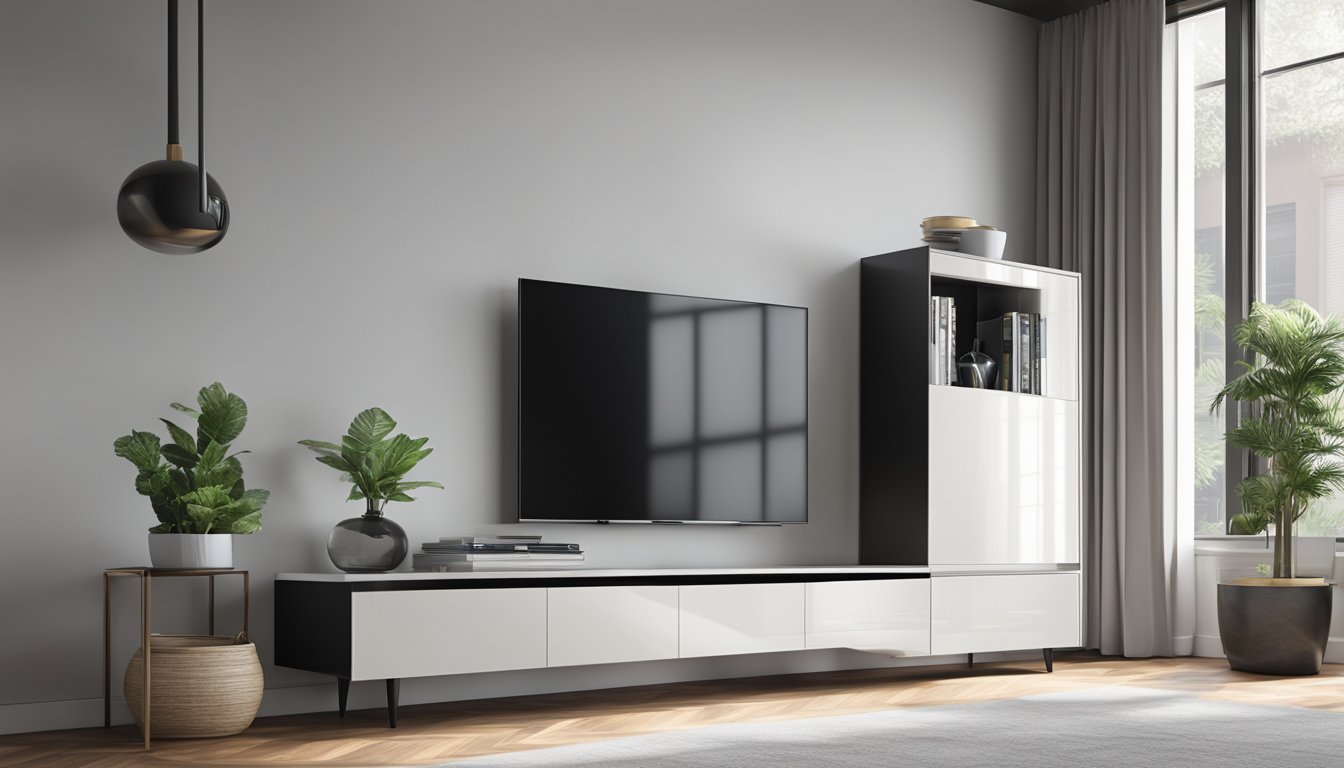 A sleek, modern TV cabinet with clean lines and a minimalist design, featuring ample storage space and a glossy finish