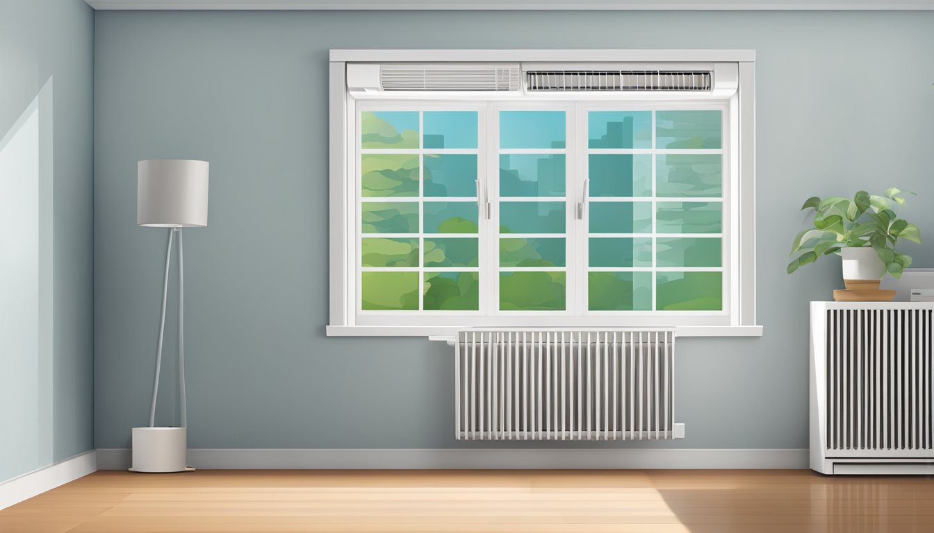 A window unit air conditioner is installed in a room, with its features including temperature control, fan speed, and energy-saving mode