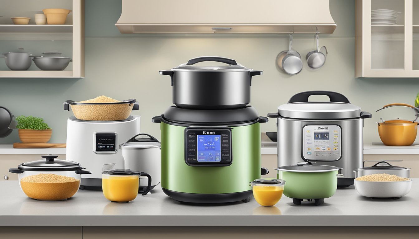 A kitchen countertop adorned with various models of rice cookers, showcasing the best options available in Singapore