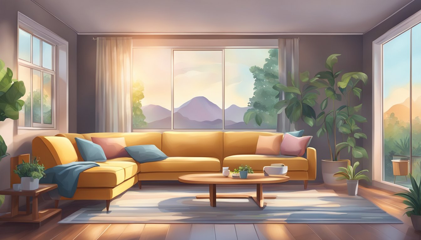 A cozy living room with a modern air conditioning unit set to dry mode, creating a comfortable and efficient atmosphere