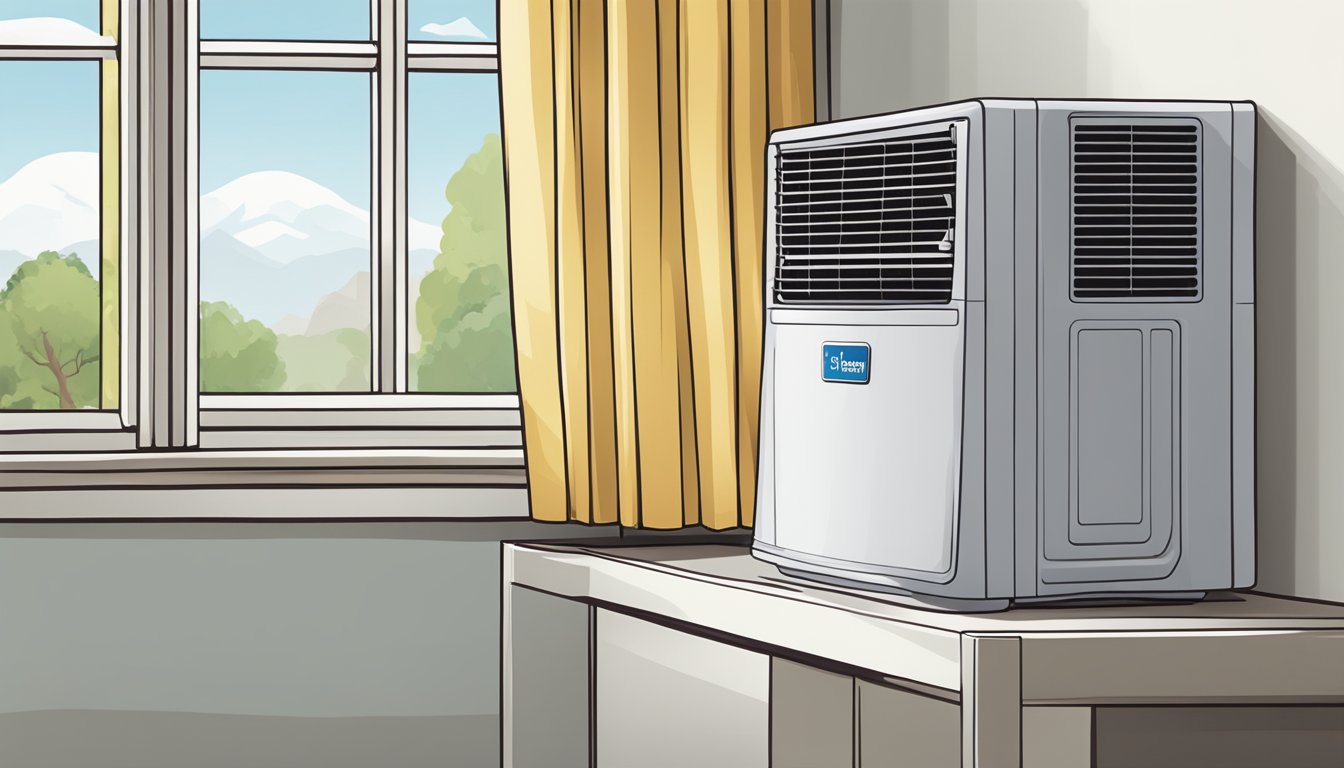 A window unit air conditioner sits on a windowsill with a "Frequently Asked Questions" sticker on the front. The unit is plugged into an outlet and blowing cool air into the room