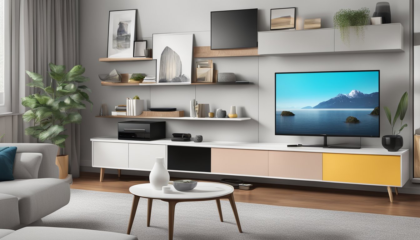 A sleek, modern TV cabinet in a living room, with neatly organized shelves and compartments for electronic devices and accessories