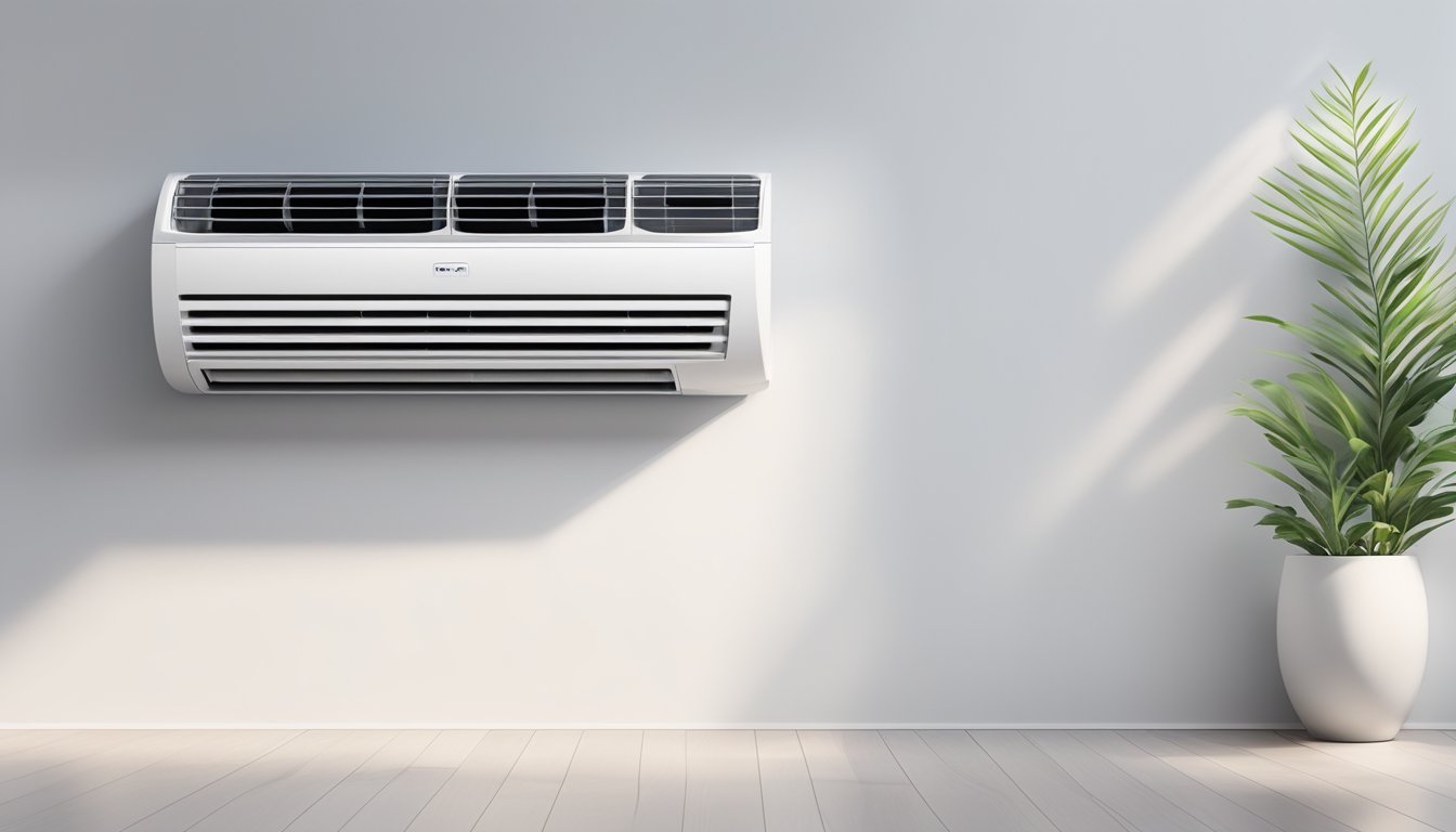 A modern air conditioning unit installed on a clean, white wall, with a digital display showing the temperature and a gentle breeze coming from the vents