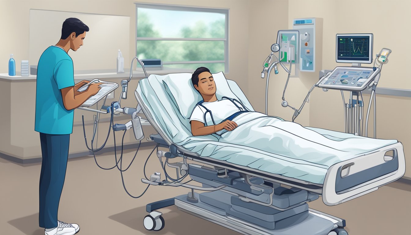 A person in a hospital bed with medical equipment, a healthcare professional monitoring vitals, and a rehabilitation therapist assisting with exercises
