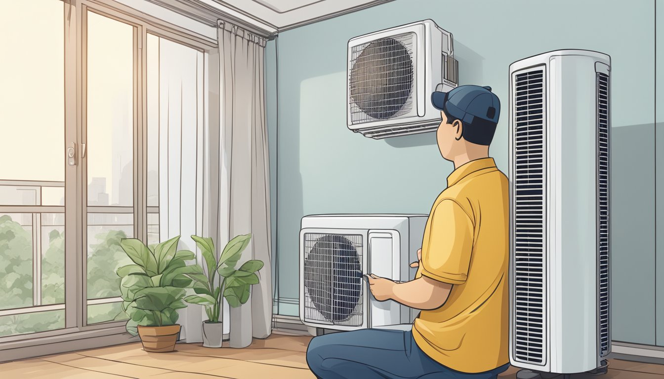 A person comparing different aircon models in a Singapore home, considering factors like size, energy efficiency, and cooling capacity