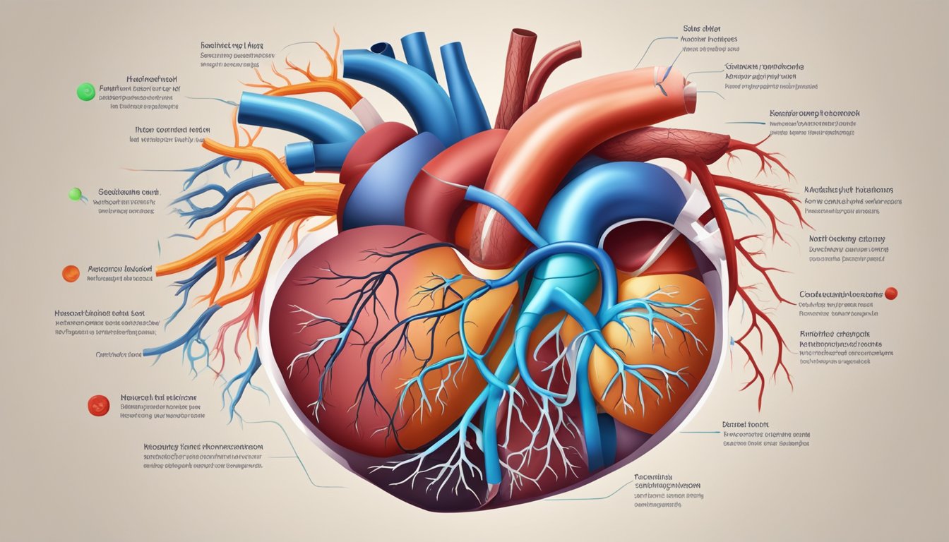 A heart with arteries and veins, showing blockages and blood flow, surrounded by healthy and unhealthy lifestyle elements