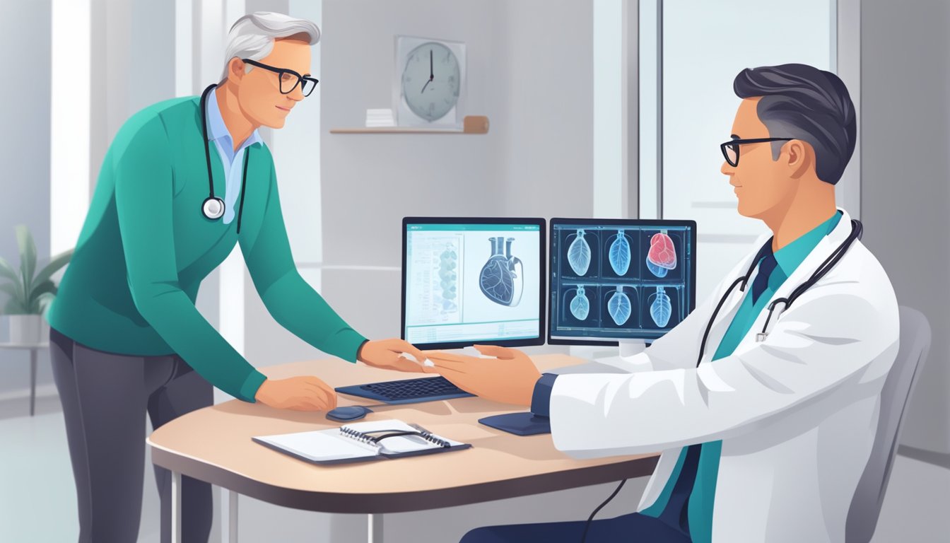 A doctor examines a patient's heart scan, then prescribes medication and advises on lifestyle changes
