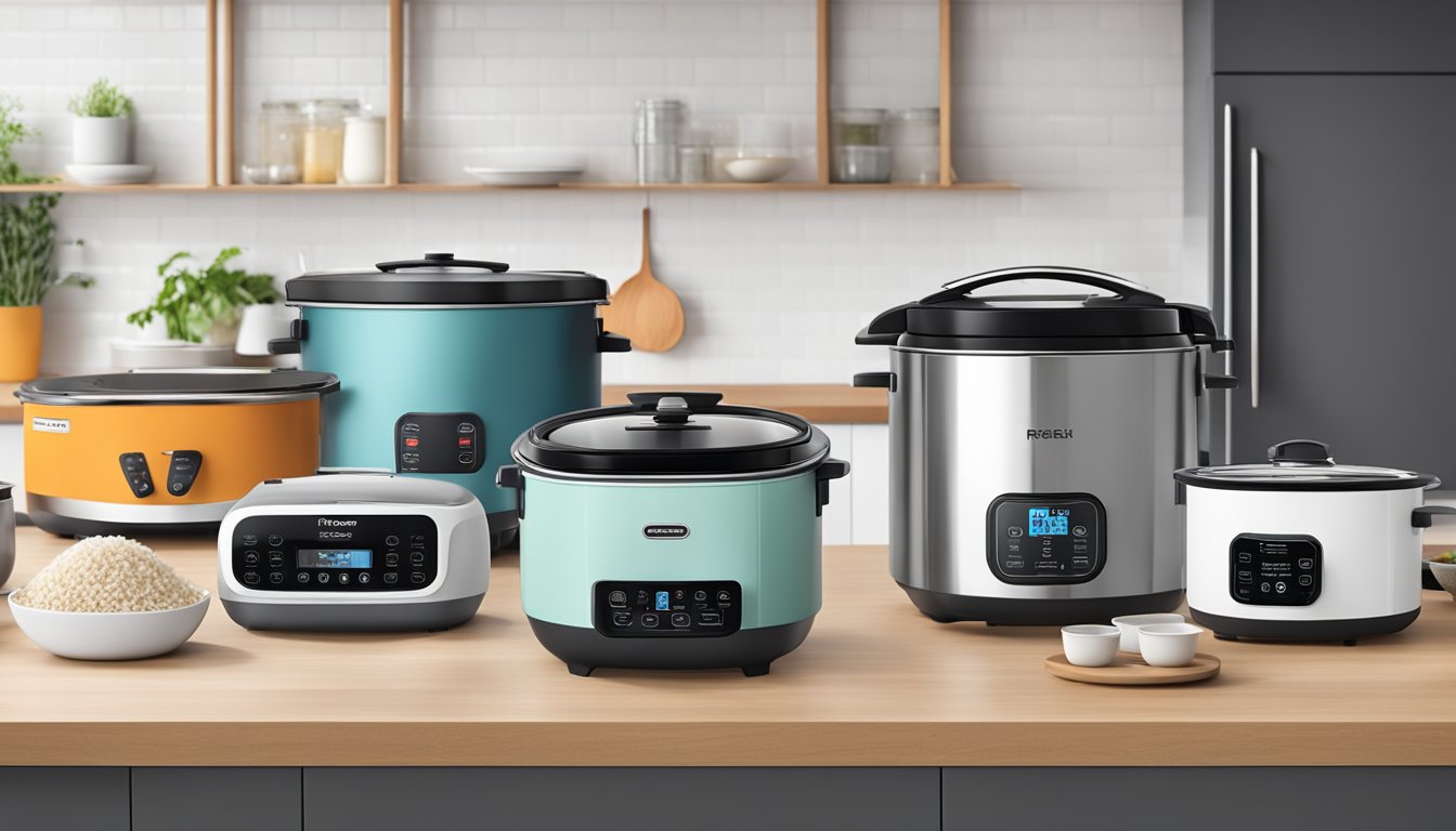 Various top rice cooker brands and models displayed on a kitchen countertop with sleek designs and modern features