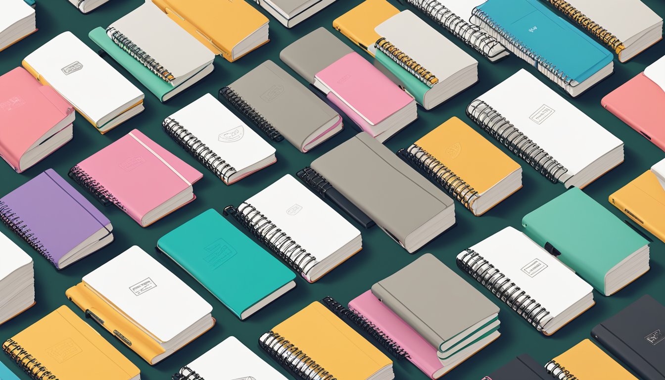 A stack of customized notebooks with logos arranged neatly on a desk