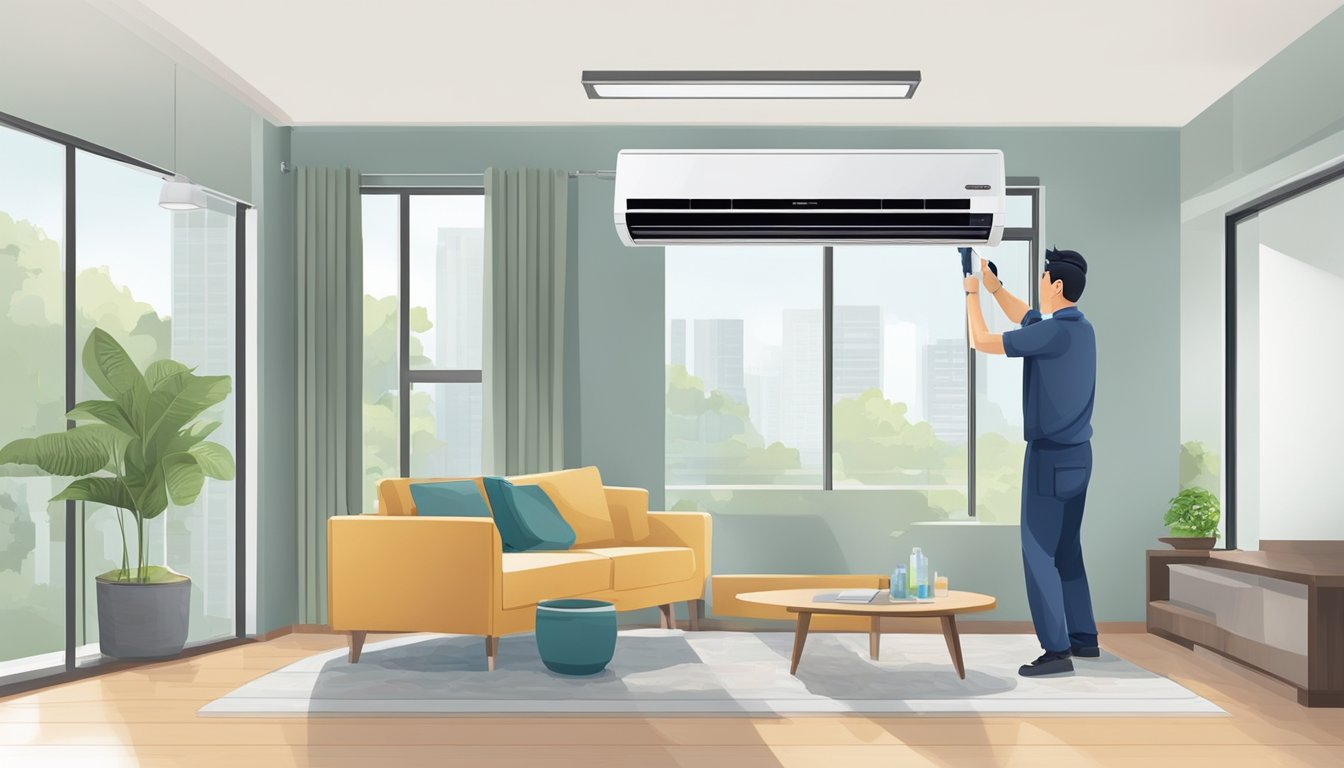 A technician installs and maintains a high-quality air conditioning unit in a modern Singaporean home