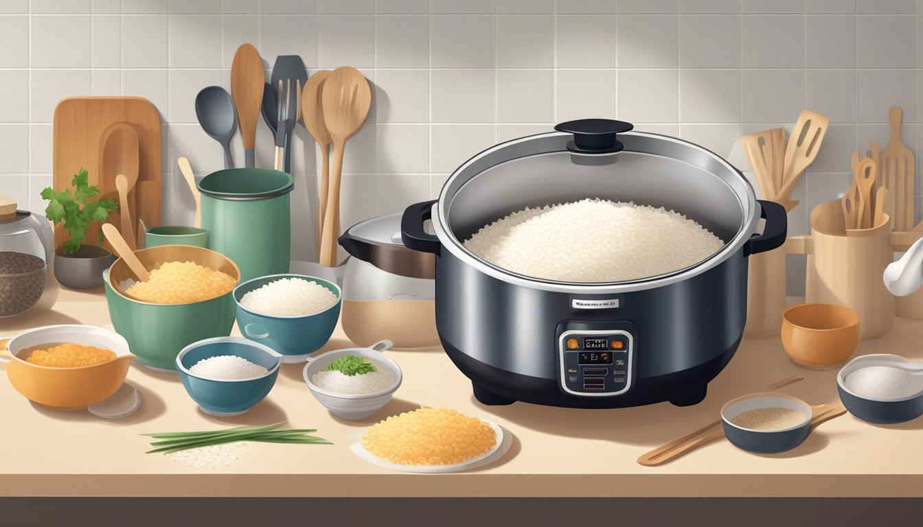 A rice cooker sitting on a kitchen countertop with a steaming pot of perfectly cooked rice inside, surrounded by various kitchen utensils and ingredients