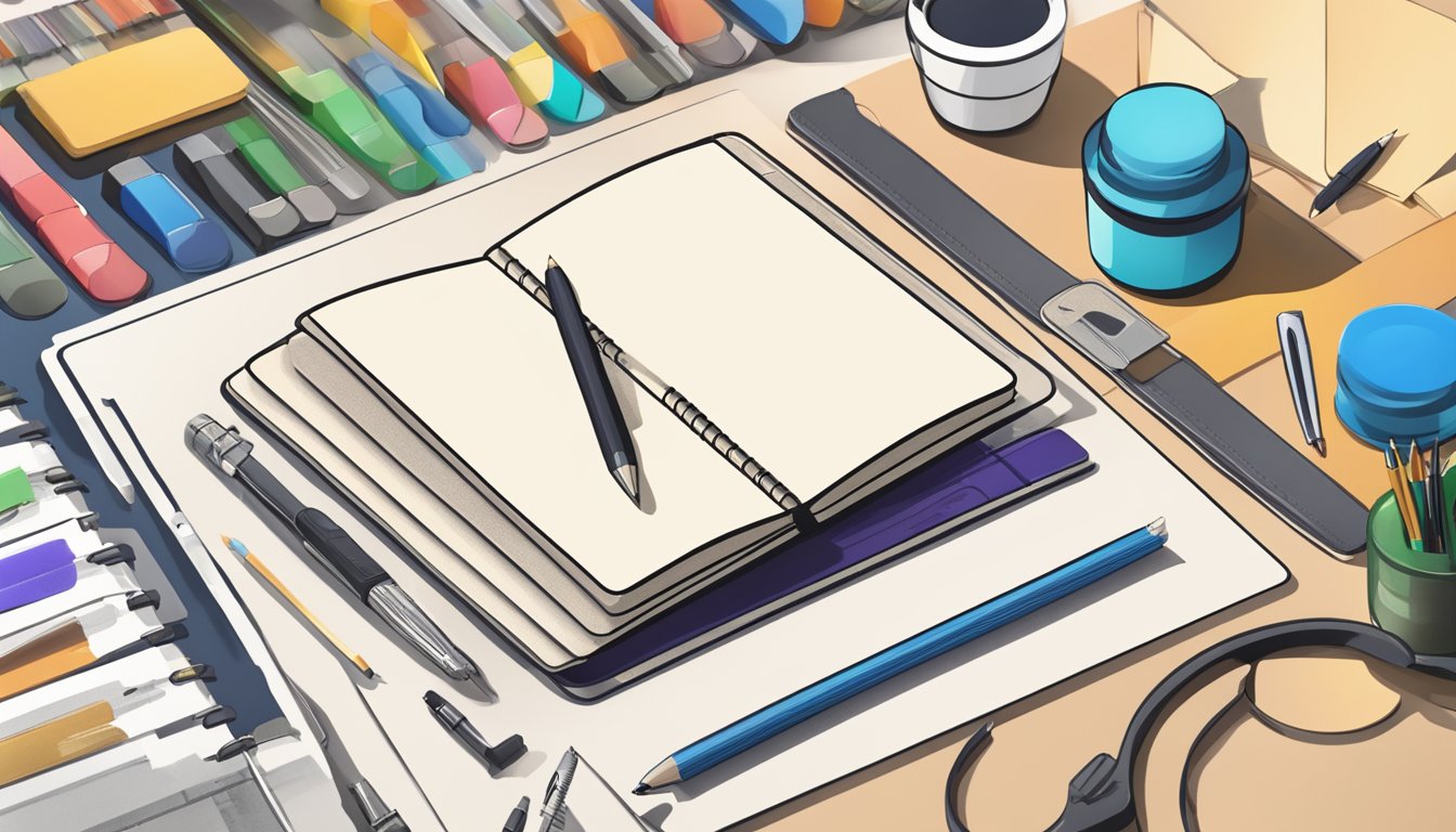 A notebook with a custom logo sits on a desk, surrounded by design tools and materials. The logo is prominently displayed on the cover, and the notebook is open to reveal blank pages waiting to be filled