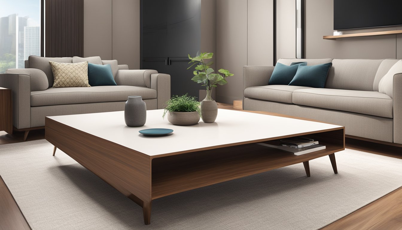 A sleek, solid wood coffee table sits in a modern living room in Singapore. The table is polished to a rich, warm sheen, with clean lines and a minimalist design