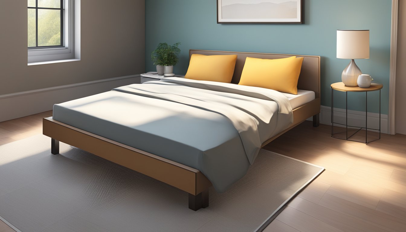 A single bed, 39 inches wide and 75 inches long, sits against a plain wall in a small room with minimal furnishings