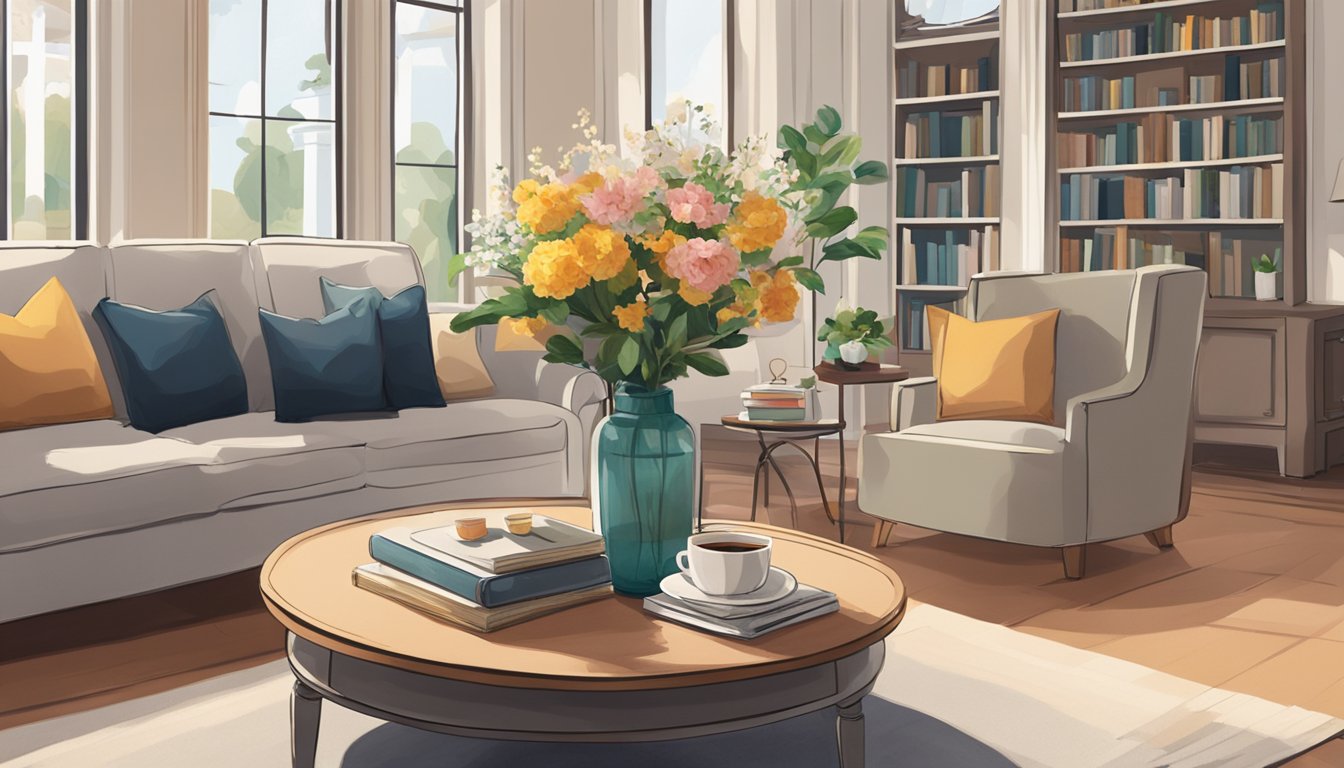 A round coffee table sits in a cozy living room, adorned with a vase of fresh flowers and a stack of books. The table is surrounded by comfortable seating, inviting guests to gather and relax