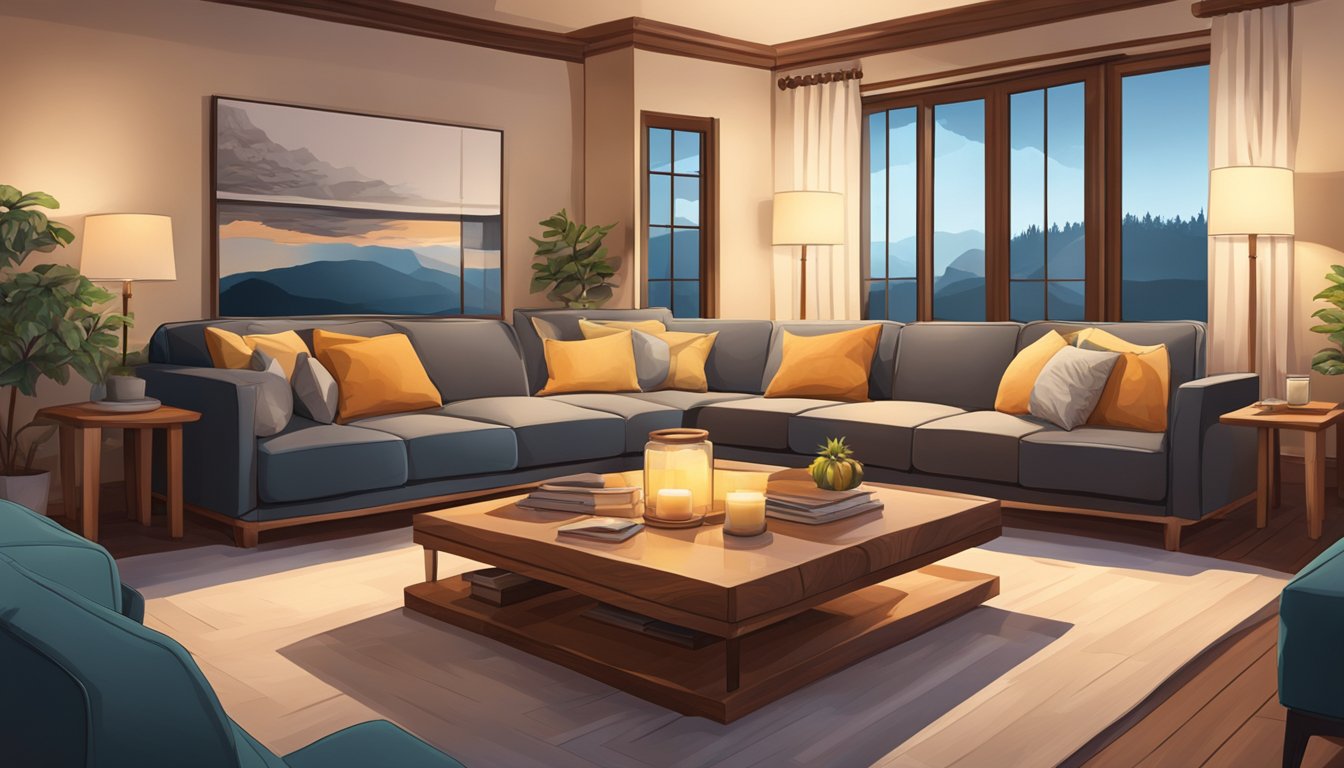 A cozy living room with a solid wood coffee table as the centerpiece, surrounded by comfortable seating and warm lighting
