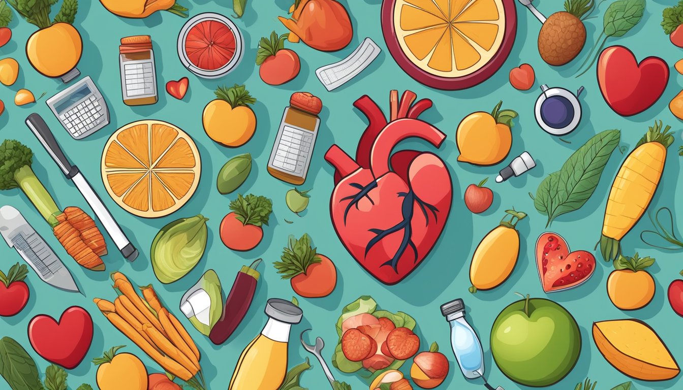 A healthy heart surrounded by exercise equipment and nutritious food, symbolizing prevention and management of heart disease