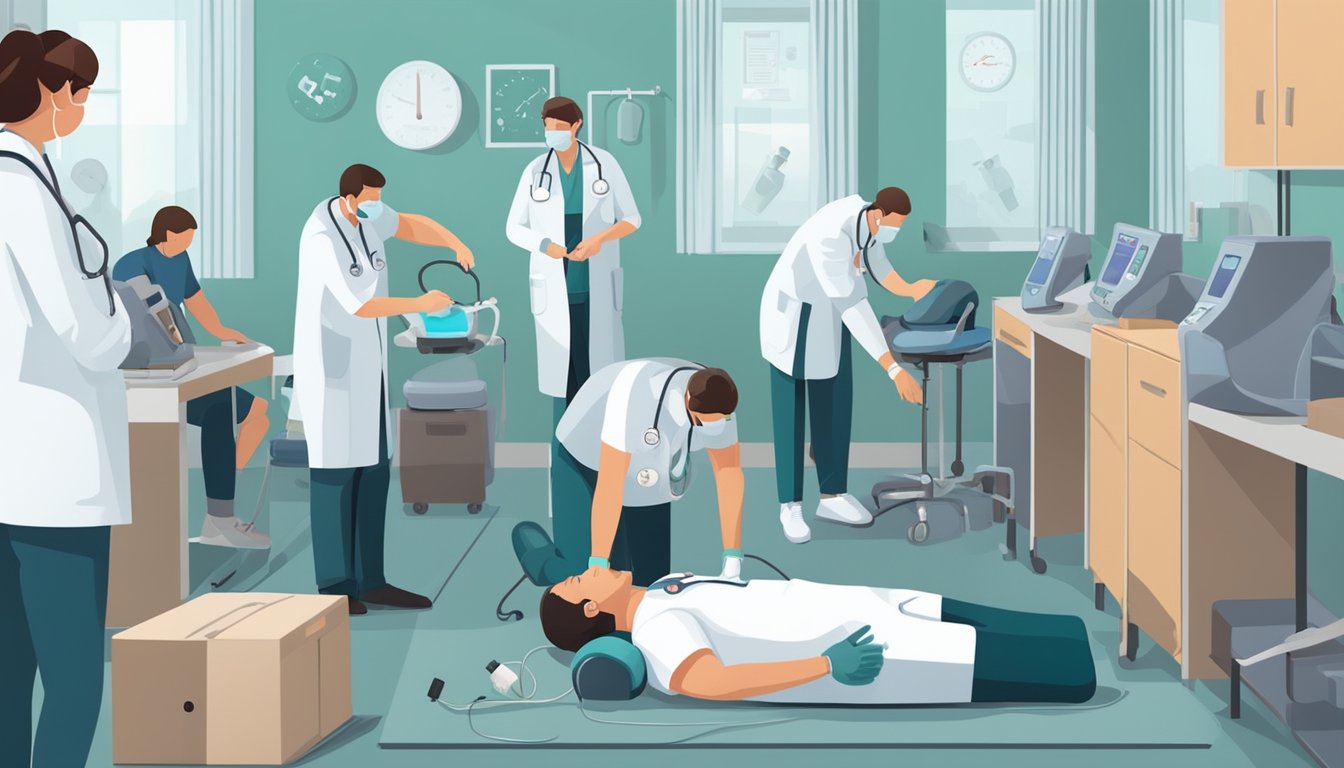 A doctor administers CPR to a patient while others prepare a defibrillator. Medical equipment and supplies are scattered around the room