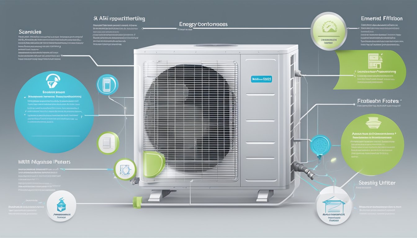 A modern air conditioning unit with four key features and benefits, including energy efficiency and advanced air filtration