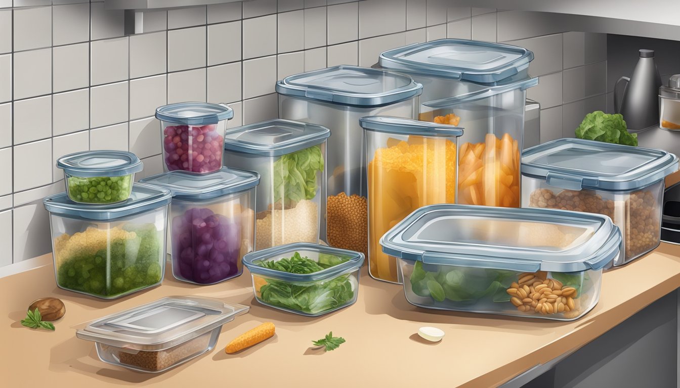 Various food containers scattered on a kitchen counter. A mix of plastic, glass, and metal containers holding leftovers and ingredients