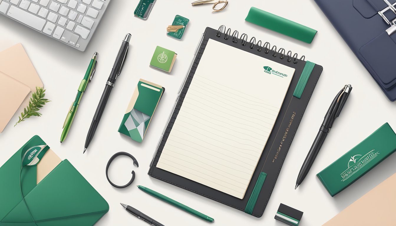 A branded notebook sits on a sleek desk, surrounded by office supplies and a logo-emblazoned pen. A ribbon and gift tag add a touch of elegance to the corporate gift