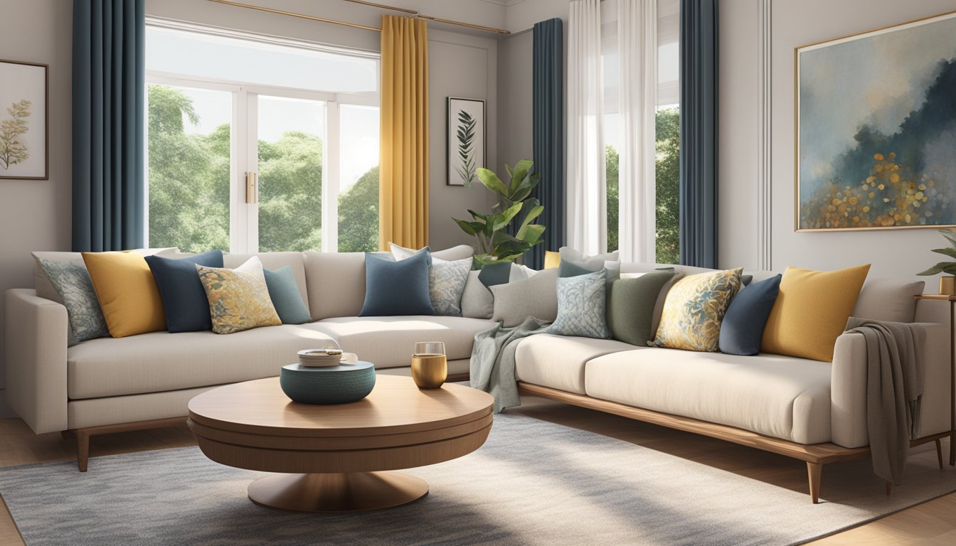 A cozy living room in Singapore, featuring a round coffee table as the centerpiece. The table is adorned with elegant decor, surrounded by comfortable seating and bathed in warm natural light