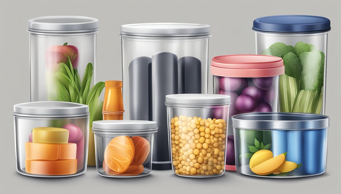 Various food containers: plastic, glass, metal, and paper. Some are cylindrical, others rectangular. They hold fruits, vegetables, grains, and liquids