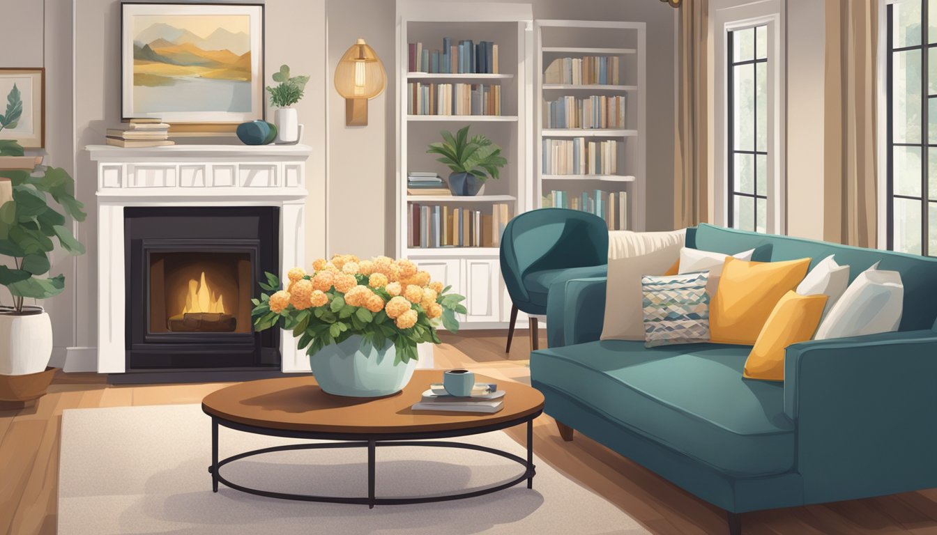 A round coffee table sits in a cozy living room, adorned with a vase of fresh flowers and a stack of books. The table is surrounded by comfortable seating, creating a warm and inviting atmosphere