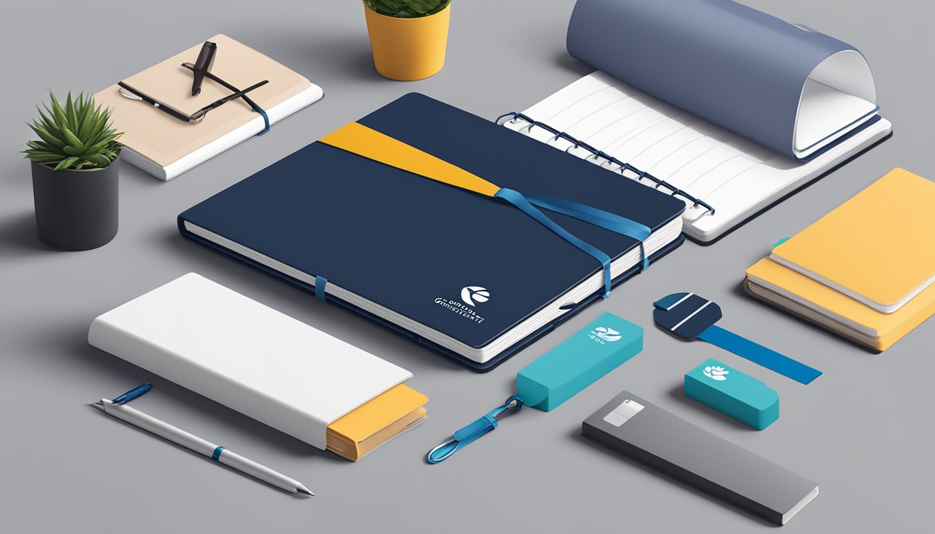 A stack of branded notebooks sits on a sleek desk, surrounded by office supplies and a company logo. A ribbon and gift tag add a finishing touch