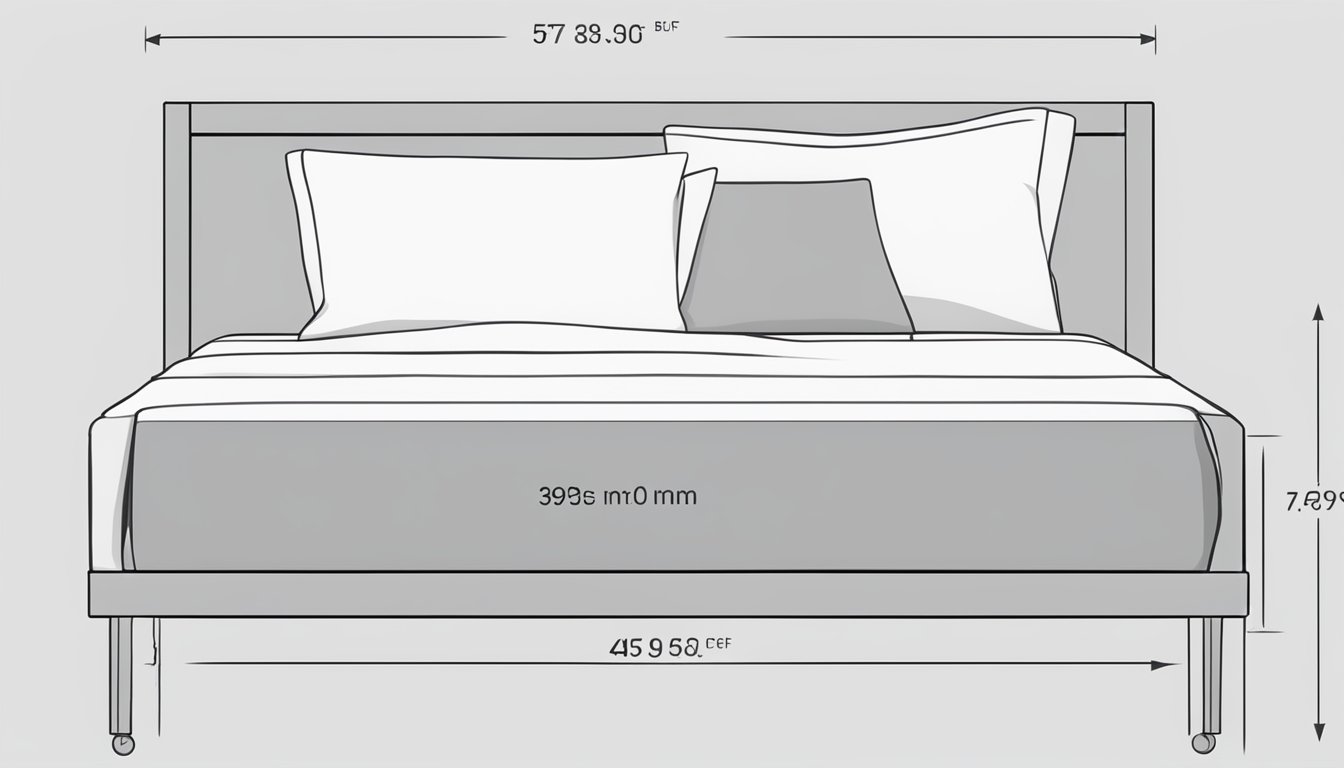 A standard single bed with dimensions of 39 inches wide and 75 inches long, with a mattress and a simple bed frame