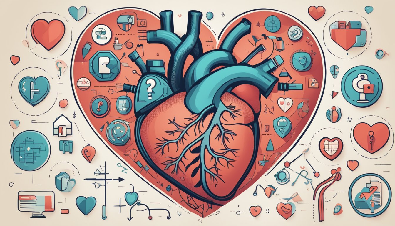 A heart with a question mark hovering above it, surrounded by medical symbols and text "Frequently Asked Questions heart disease meaning."