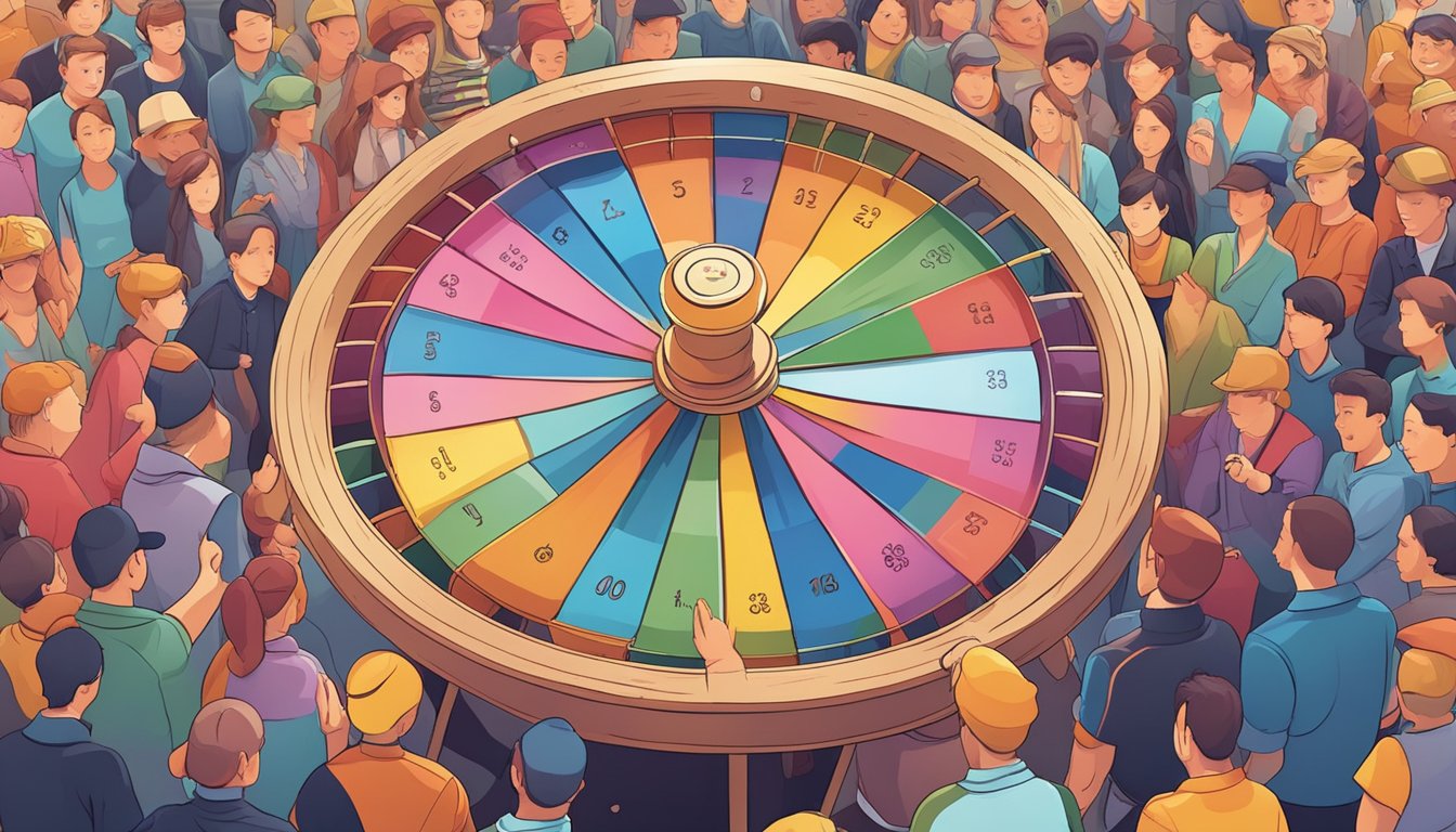 A colorful spinning wheel with various prize options, surrounded by a crowd of eager participants