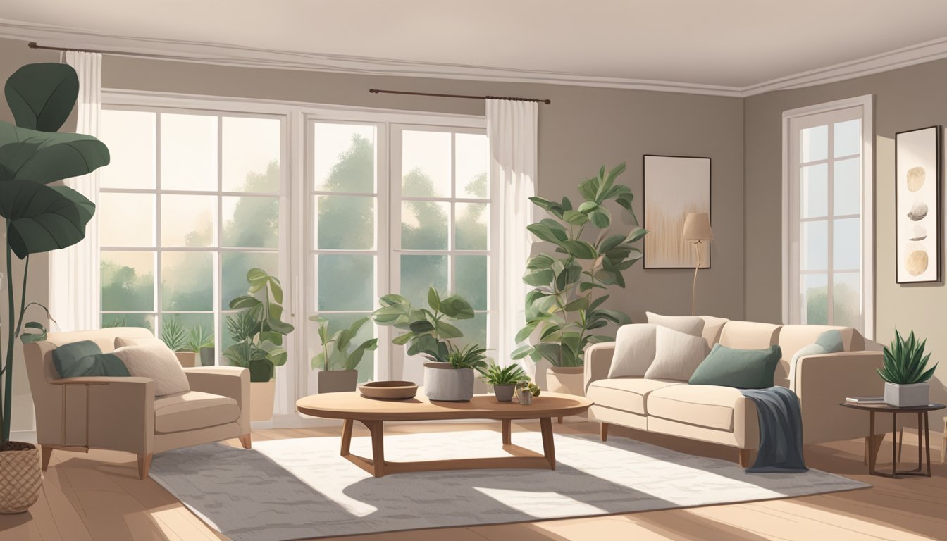 A cozy living room with a neutral color scheme, a plush sofa, a coffee table, and a soft rug. A large window lets in natural light, and there are potted plants and artwork on the walls