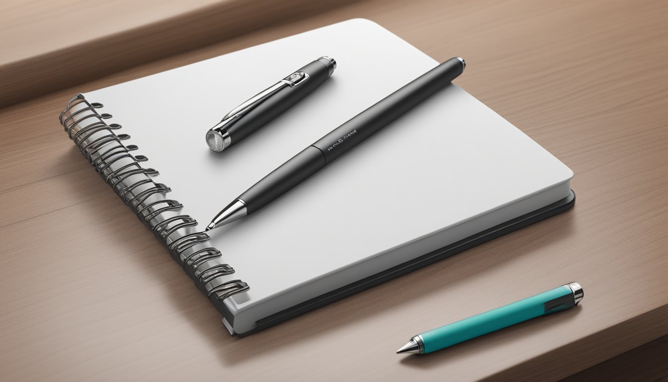 A branded notebook sits on a desk, with a company logo embossed on the cover. A pen rests next to it, ready for use