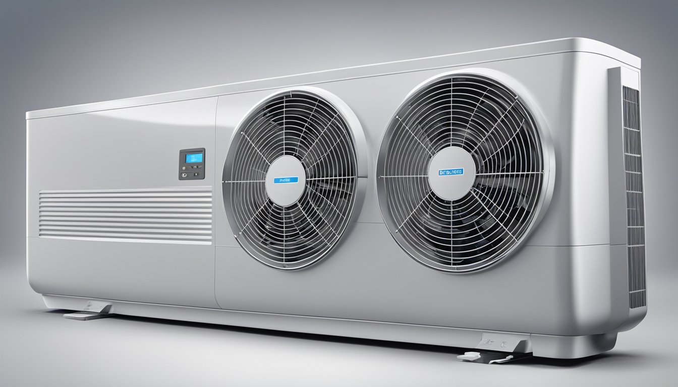 A sleek, modern air conditioning unit with clear product specifications and a visible warranty label