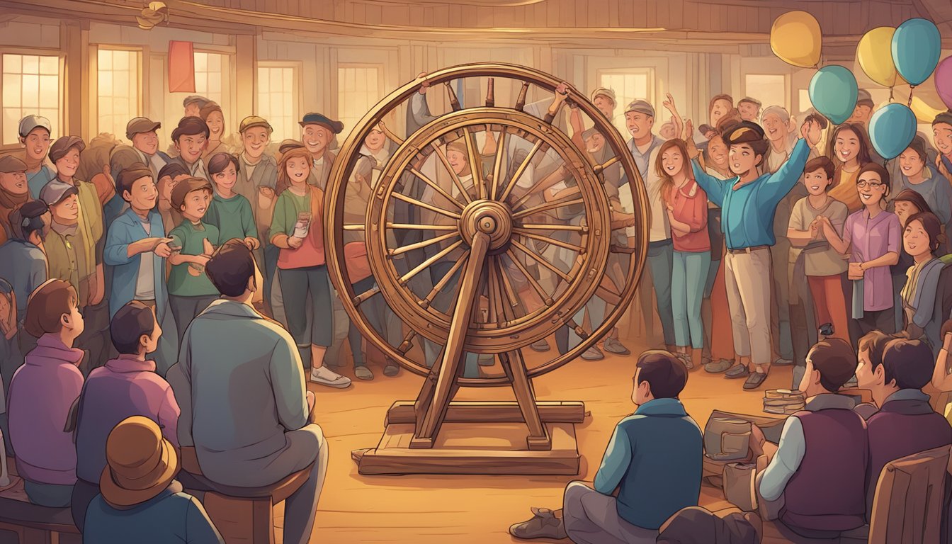 A spinning wheel with various prize options, surrounded by excited participants eagerly waiting to see what they will win