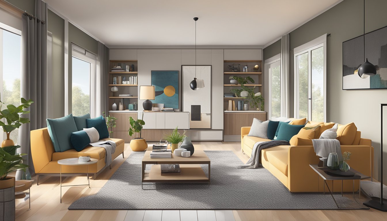 A cozy, modern living room with clever storage solutions and sleek furniture, utilizing neutral tones and pops of color for a stylish, space-maximizing design
