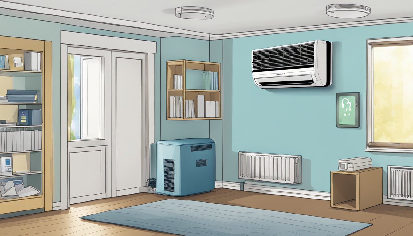 A room with a wall-mounted air conditioning unit, surrounded by text bubbles with common questions and answers about the system